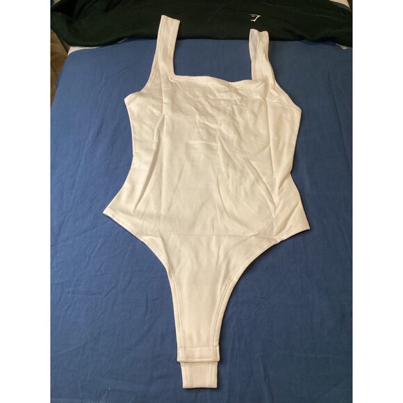 Gymshark Womens Cotton Tong  Bodysuit S Muscle Fit White NWT Square Neck - Picture 2 of 8